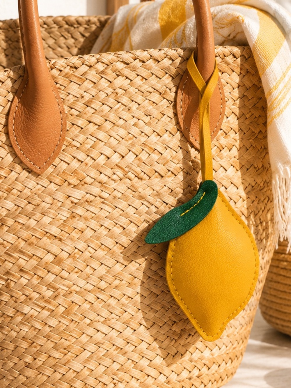 Yellow Lemon Bag Charm Keychain Green Leaf Purse Charm